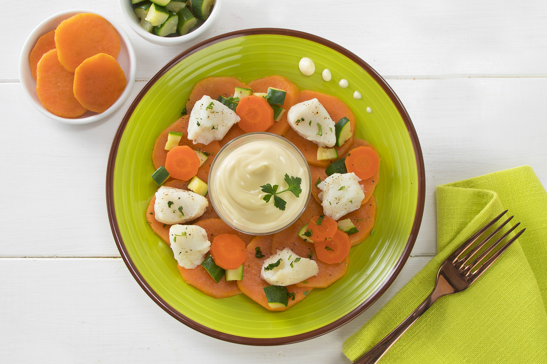 Bocconcino di nasello con zucchine e patate dolci