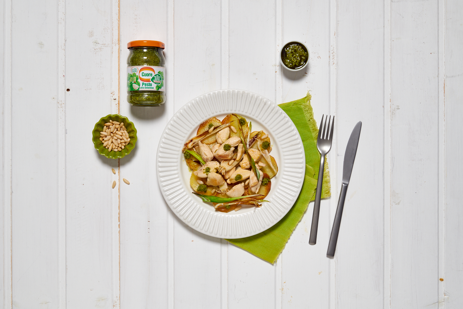 Bocconcini di pollo con Pesto alla Genovese classico Cuore e patate